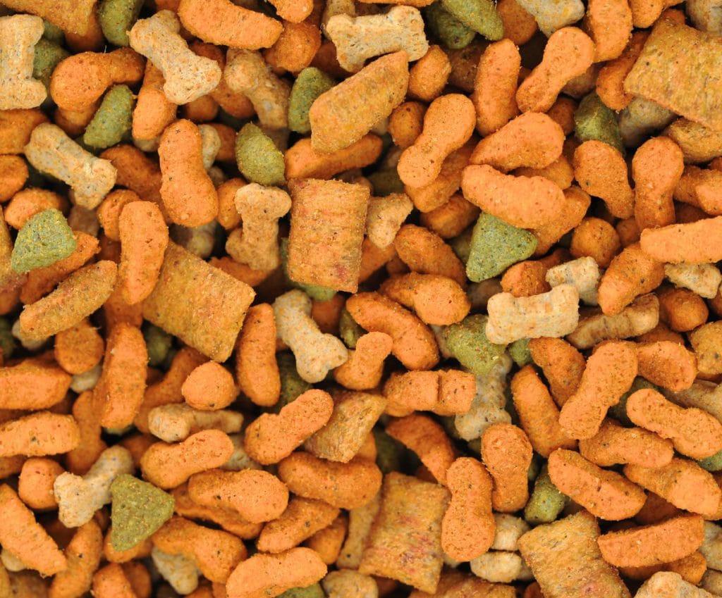 A close up of a bowl of dog food.